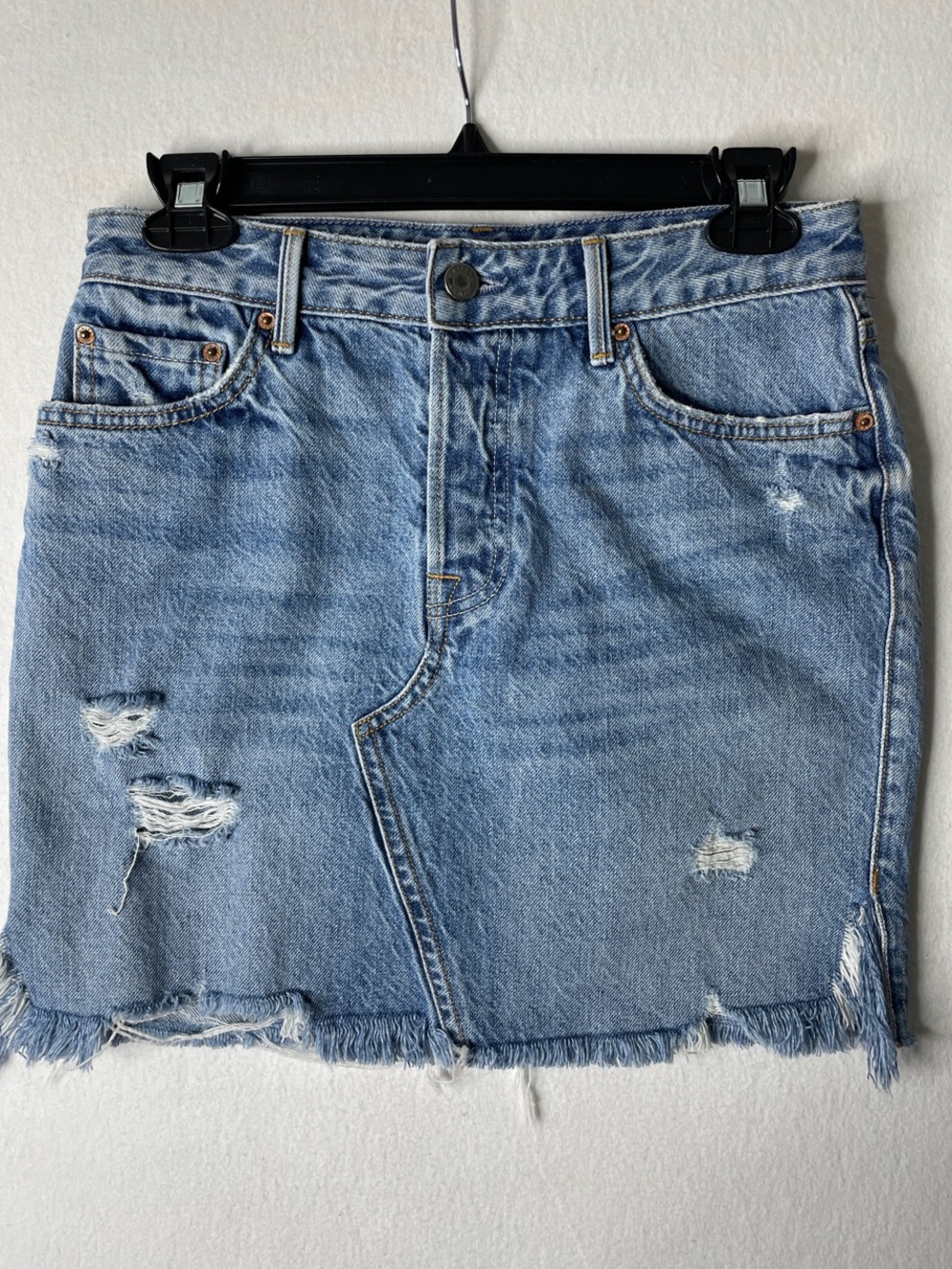 GRLFRND Blaire Denim Mini Skirt Womens 26 Blue Light Wash Distressed Raw Hem